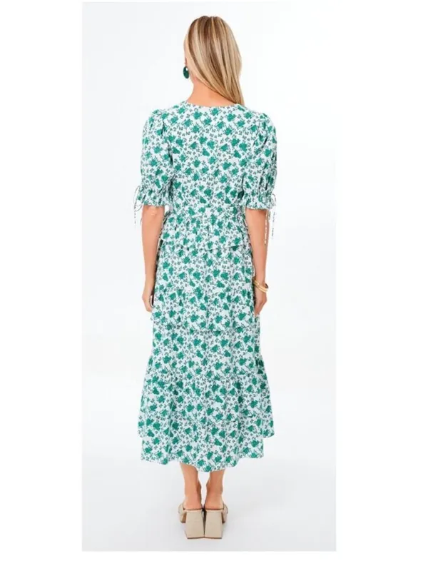 Tuckernuck Hyacinth House Irenea Midi Dress Green Floral Ruffle Puff Sleeve Lrg - Image 5