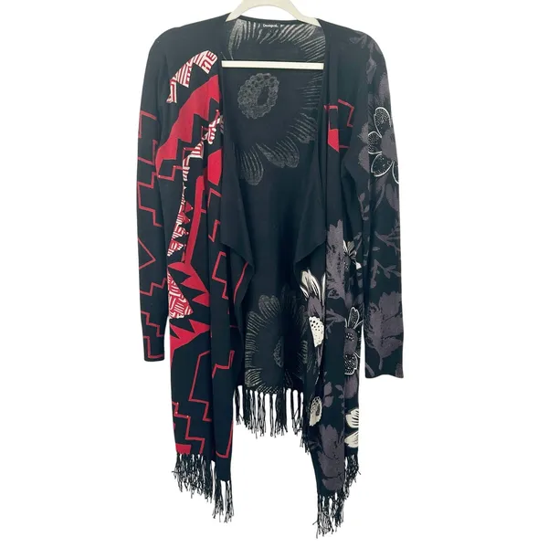 Desigual Womens Boho Dark Detroit Fringe Floral Open‎ Front Knit Cardigan Size L - Image 2