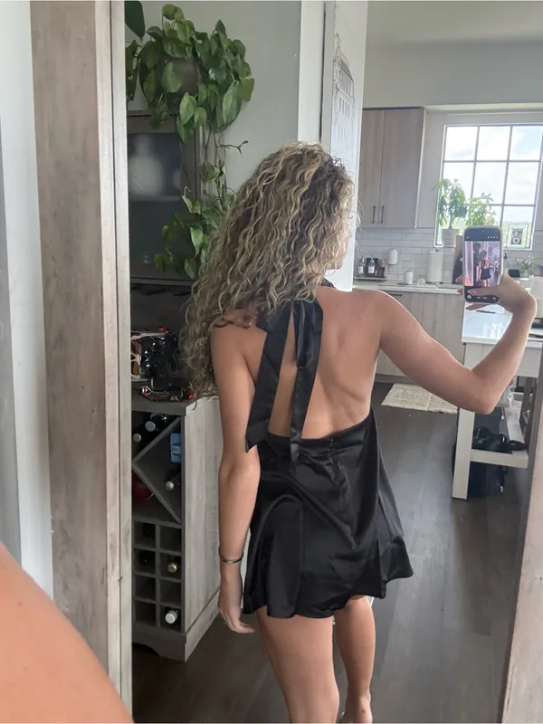 SHEIN Black Halter Mini Satin Dress with Draped Neckline (Size XS) - Image 2