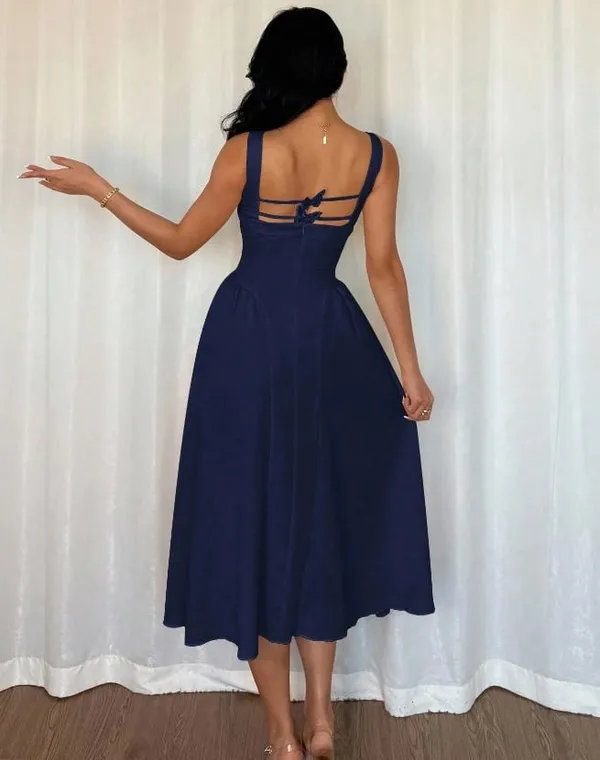 Navy Blue Square Neck Halter Cross-Back Dress - Image 3