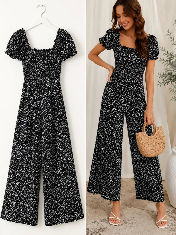 TRIXXI Black Floral Wide Leg Jumpsuit Puff Sleeve Smocked Back S - Image 2