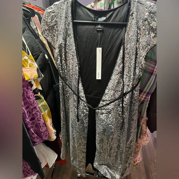 Aqua Silver Sequin Wrap Dress Sz Small - Image 3