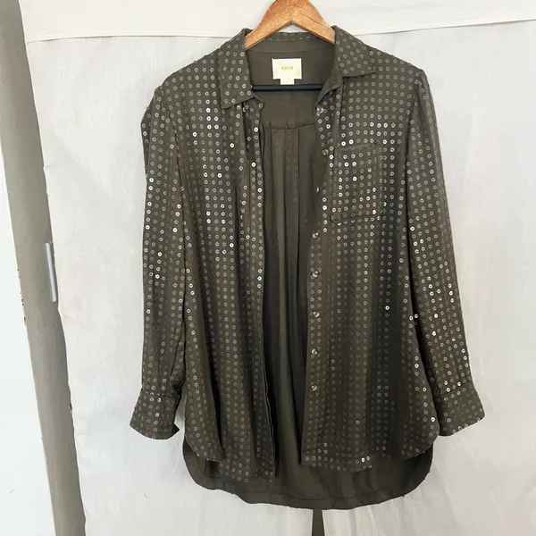 Anthropologie Maeve Olive Green Button Down Sequin Shirt Size XS - Image 3