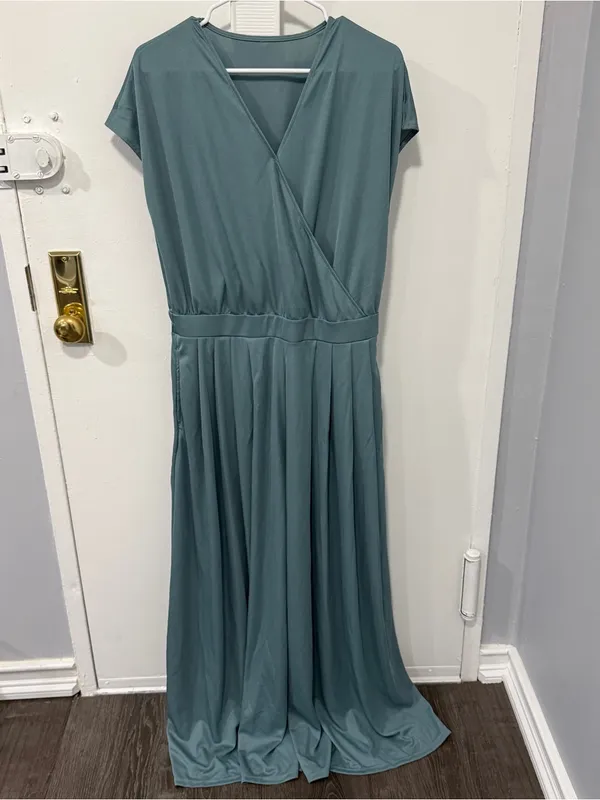 NWOT Halara Blue V Neck Short Sleeve Wide Leg Flowy Waffle Casual Jumpsuit - Image 6