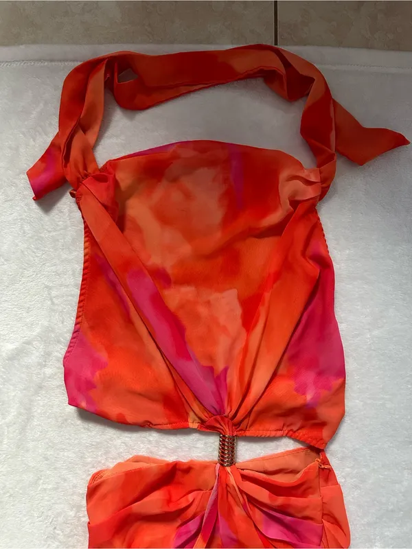 Hello Molly Golden Hour Drinks Midi Dress Orange Size 2 XS Cutout Chain Back - Image 5