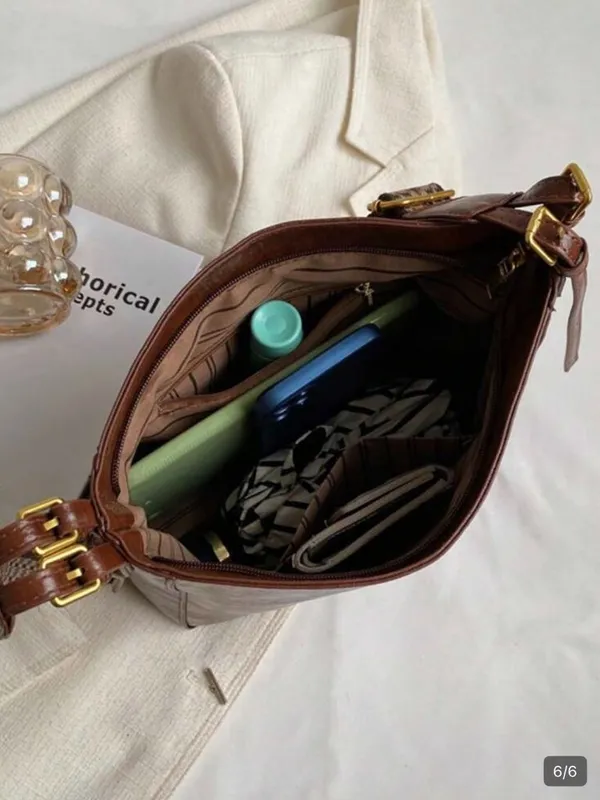 Boho Chic Brown Shoulder Bag with Woven Pattern Strap – Trendy Crossbody - Image 5