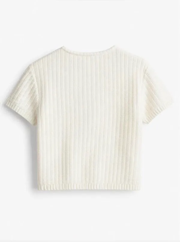 H&M Cream Textured Short-Sleeve Knit Cardigan with Gold Buttons – Size M 🤍 - Image 11
