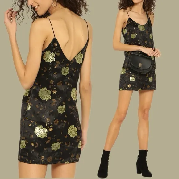Forever‎ 21 Floral Satin Jacquard Mini Slip Dress Black Gold Medium - Image 2