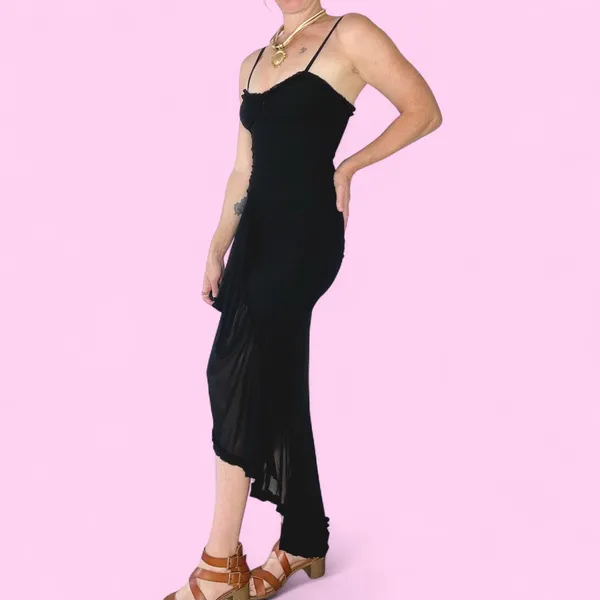 Asymmetrical Ruffle Hem Ruched Mesh Hi-Low Black Glam Party Dress - Image 2