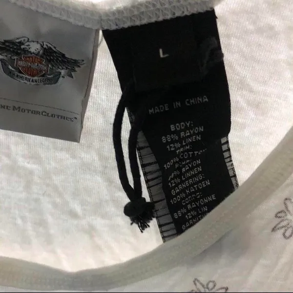 Harley Davidson Linen Rayon Biker Y2K Vintage Sleeveless tank top Blouse Shirt Punk Rock Streetwear Edgy Goth Modernist Black White Sz L Approx measurement Pit to pit:18” Length:24.5” - Image 6
