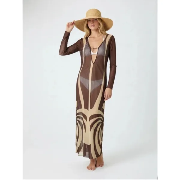 NWT Caroline Constas Brown Cover Up Maxi Dress Mesh Long Sleeve Sheer Beige M - Image 3