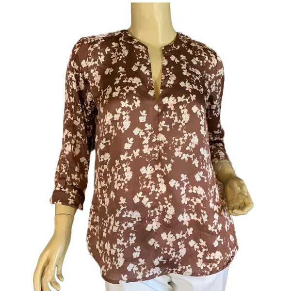 The Limited Brown And Pink Floral Print Satin 3/4 Sleeve Tunic (S) - Image 2