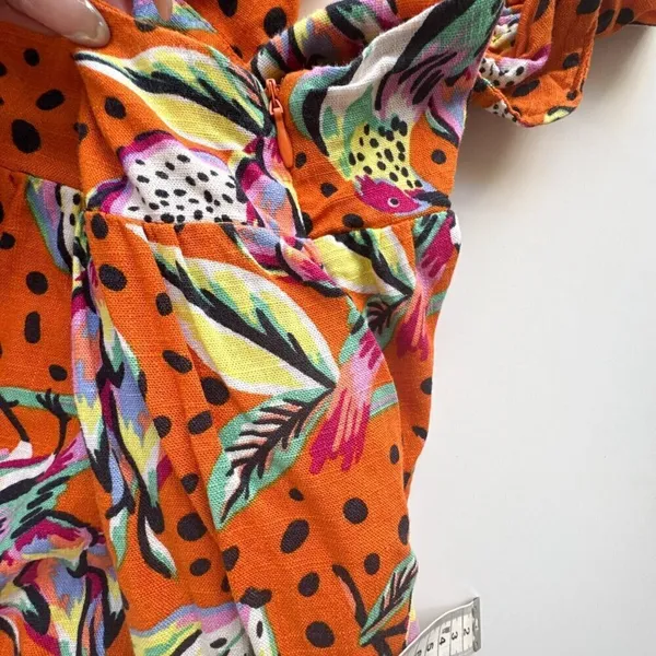 Anthropologie Kourt Aria Linen Tropical Short Dress Pockets Fruit Bird Medium - Image 10