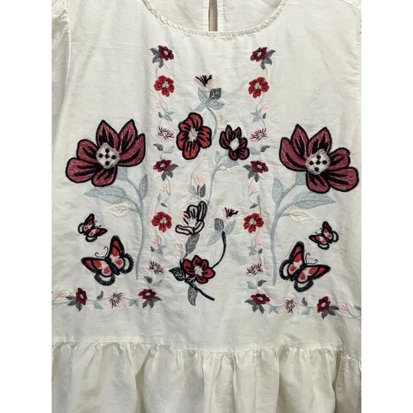 Zara Woman Ivory Embroidered‎ Floral Long Sleeve Keyhole Ruffle Blouse Size XS - Image 2