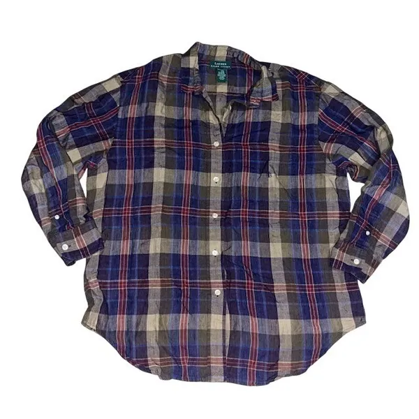 Lauren Ralph Lauren Plaid Button Down Shirt‎ 100% Linen Embroidered Logo Large - Image 2