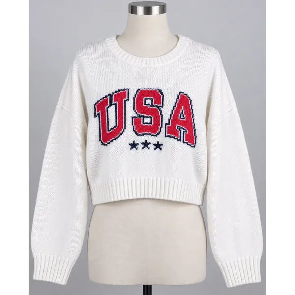 Grayson Threads Women XL USA Graphic Cropped Sweater Cream Knit Long Sleeve NWT - Image 2