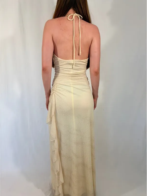 Sparkly Cream White Vintage Halter Neck Ruffle Party Formal Dress - Image 7