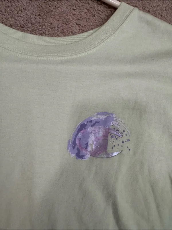 Champion Light Green Crop Tee with Purple Chest Graphic - Image 2