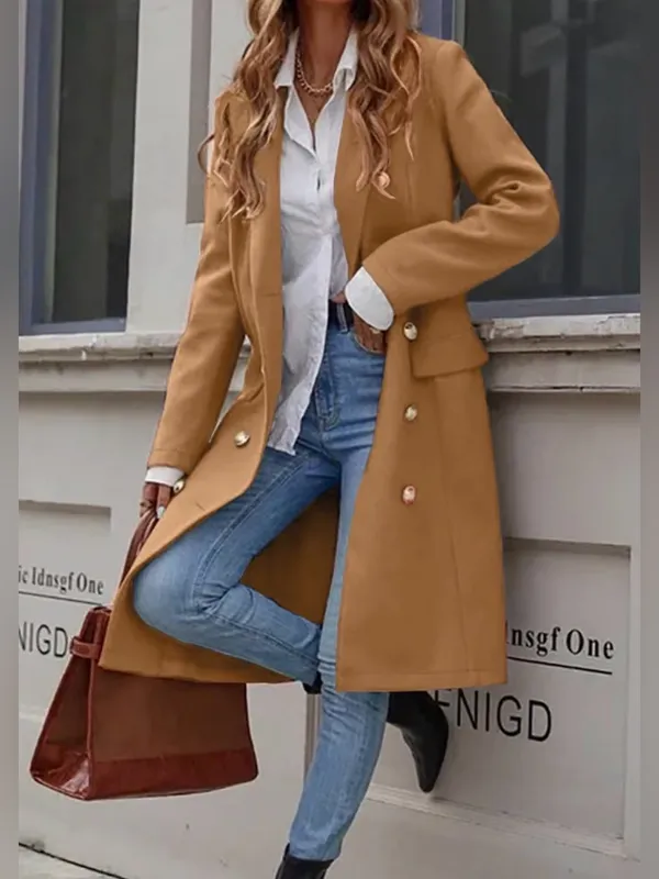 Khaki Camel Autumn Peacoat Trench Coat Long Jacket Wool Blend Sz M (8-10) - Image 3