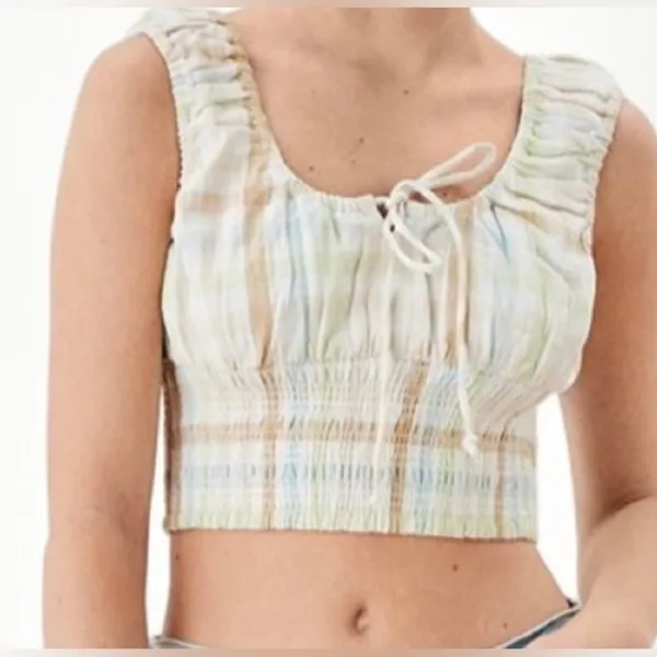 American Eagle Plaid Pastel Earth Tones‎ Smocked Bubble Crop Top - Image 2