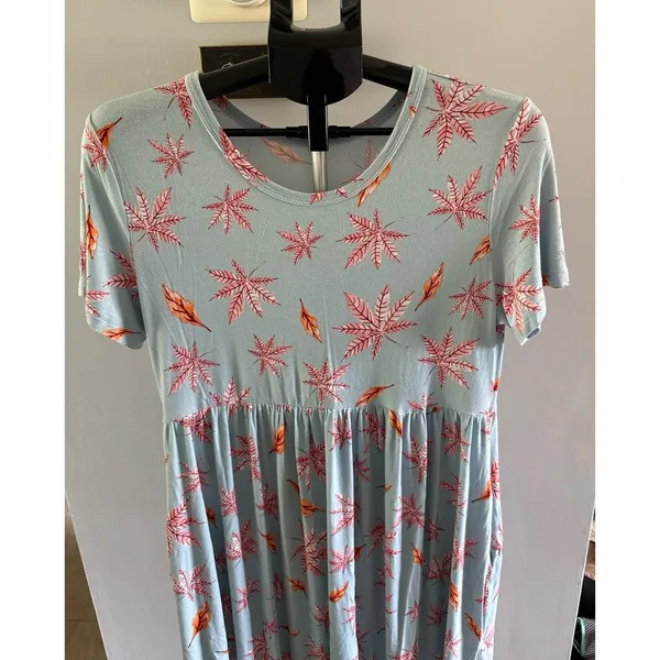 Longyuan Women's Light Blue Leaves Pockets Short Sleeve Dress Size XL‎ - Image 2