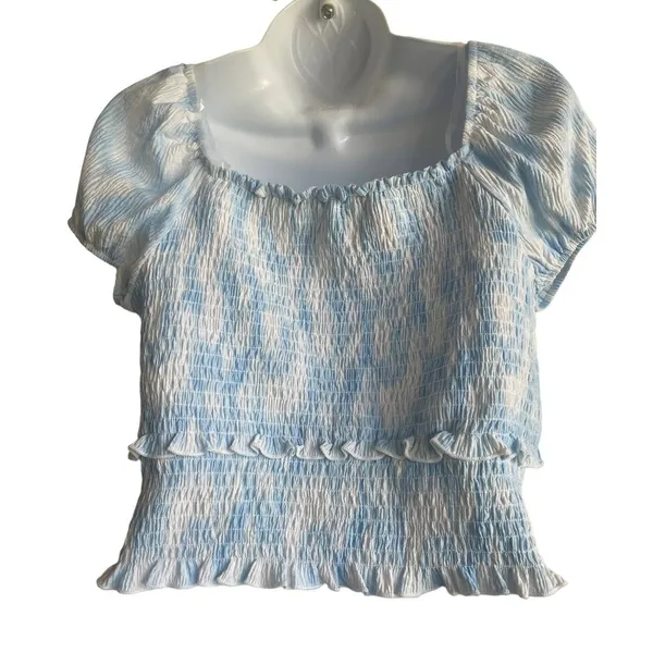 Lush Clothing Smocked Babydoll Top XL Blue White‎ Milkmaid Puff Sleeve Cottagecore - Image 2