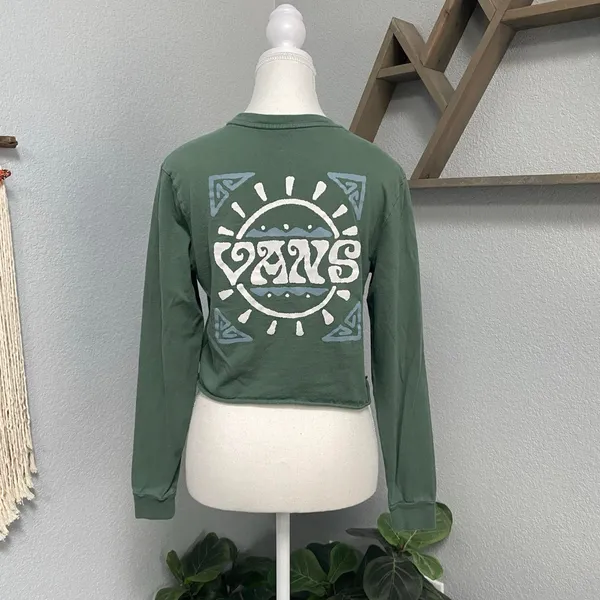 Green Vans Long Sleeve Sunburst Graphic Crop Top 100% Cotton - Image 2