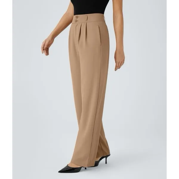 Halara Flex High Waisted Zipper Pocket Shirred Straight Work Pants Beige S NWT - Image 16