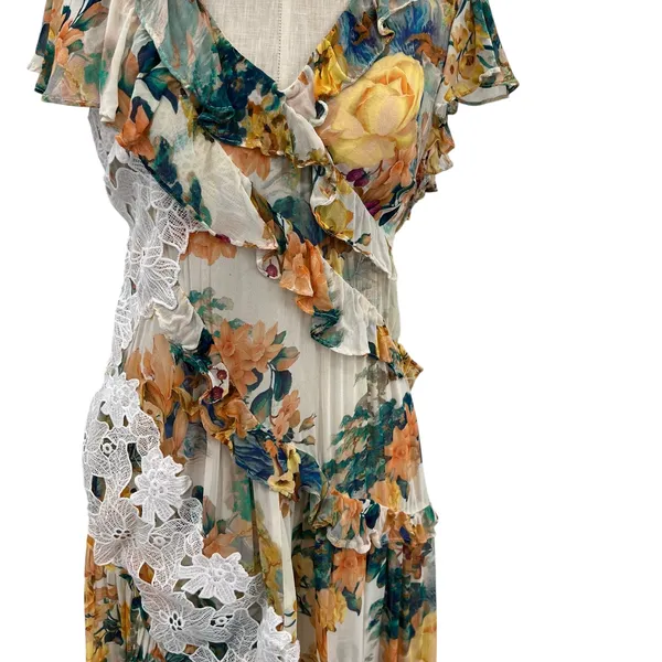 Anthropologie V-Neck Ruffle Lace Slip‎ Dress Floral White Multicolor Size US 4 - Image 5