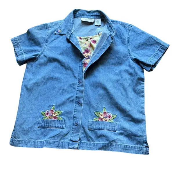 Vintage Lemon Grass Denim Shirt Jacket Embroidered Floral Women's PM NWT - Image 6