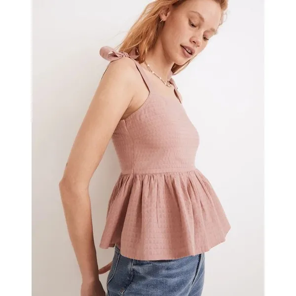 Madewell‎ Tie-Shoulder Peplum Cami Top Pink Clip Dot Smocked Babydoll L - Image 2