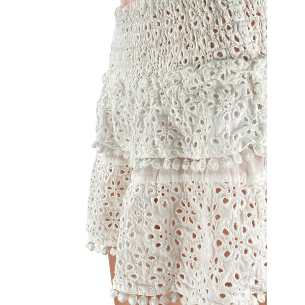Women's White Floral Eyelet Embroidery Tiered Ruffled Mini Flare A-Line Skirt S - Image 2