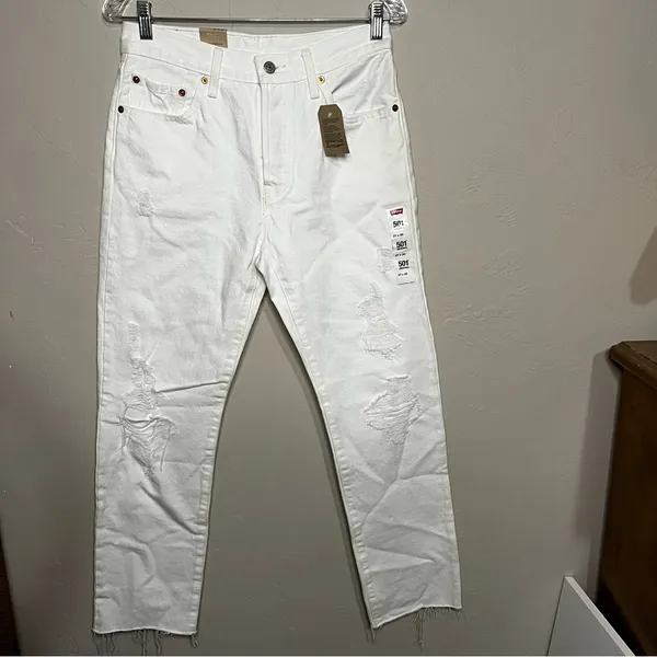 NWT Levi's 501’s White Distressed High‎ Rise Raw Hem Straight Leg Denim Jeans - Image 4