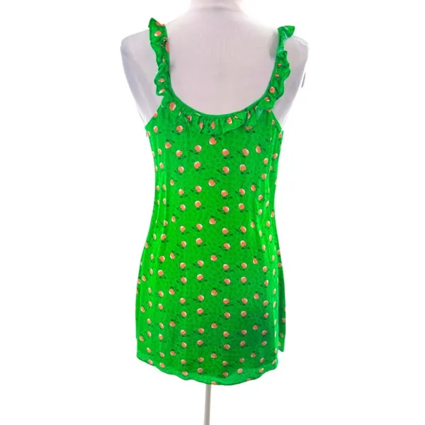 HVN silk crepe de chine mini dress‎ ruffle neck peach print sz 2 - Image 2