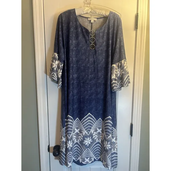 Chelsea Taylor 2X Blue Faux Denim Dress Lace Trim Ring Neck Stretch Midi Plus - Image 12