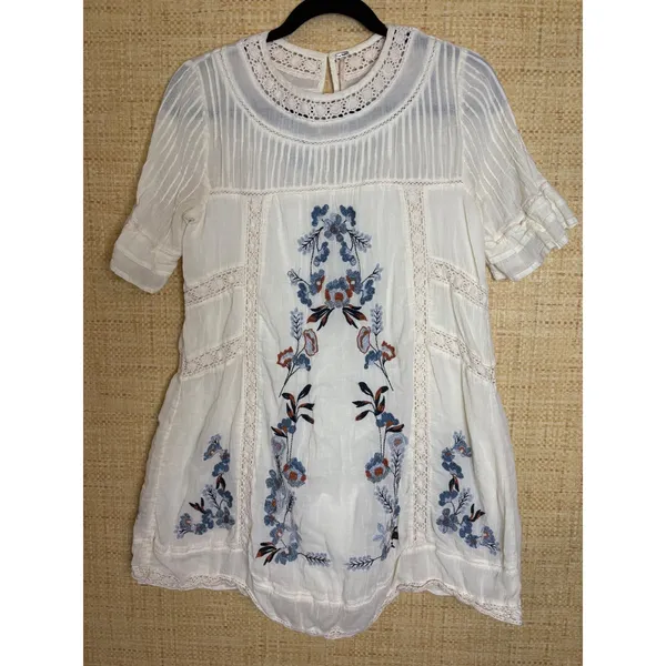 Free People Ivory Embroidered Cotton Gauze‎ Boho Mini Dress Crochet Lace XS - Image 2