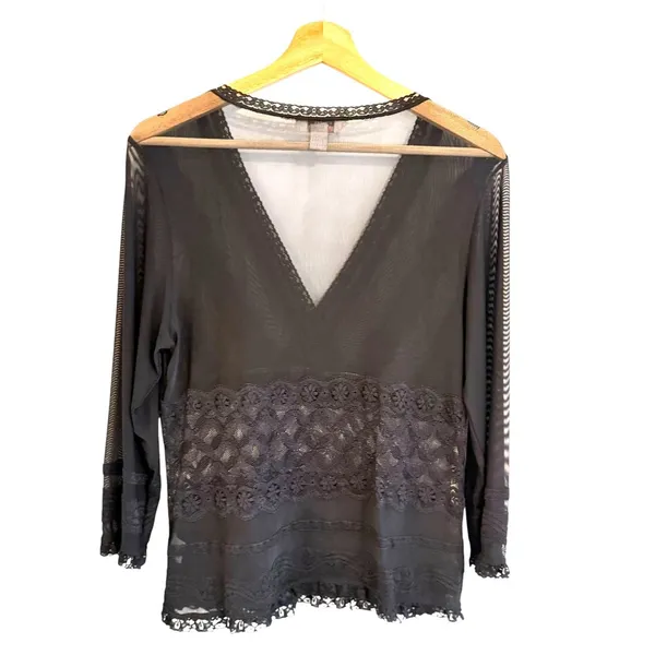 Dress Barn Womens Whimsigoth Black Sheer Mesh Lace Top Size L Boho Witchy Fairy Grunge - Image 4