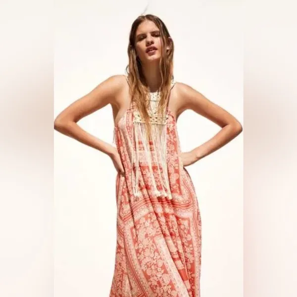 ZARA Macrame Bohemian Festival Lightweight Lined‎ Maxi Dress Size Medium / Large - Image 4
