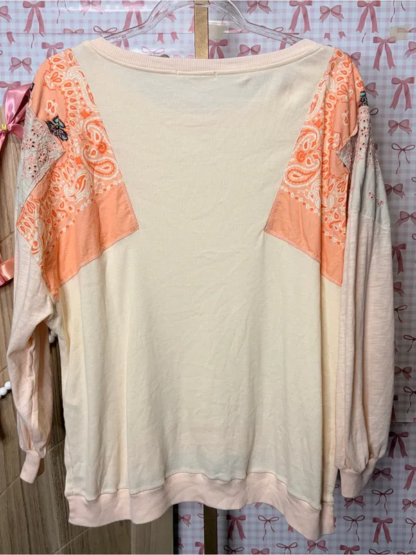 We the Free Feelin It Patchwork Paisley Peach Top Western Boho Free People Small - Image 5
