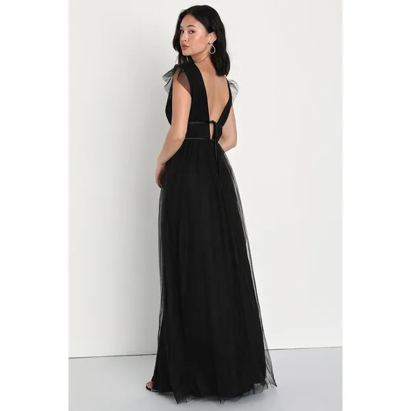 NEW Lulus Women Im All Yours Dress XS Black Tulle‎ Flutter Plunging Maxi Gown - Image 5