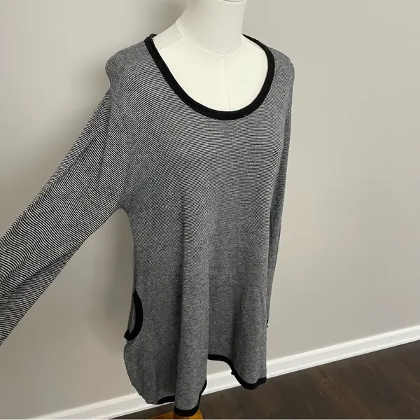 Vintage Pashoot Tunic Sweater Striped Lightweight Pockets Lagenlook Black White - Image 2