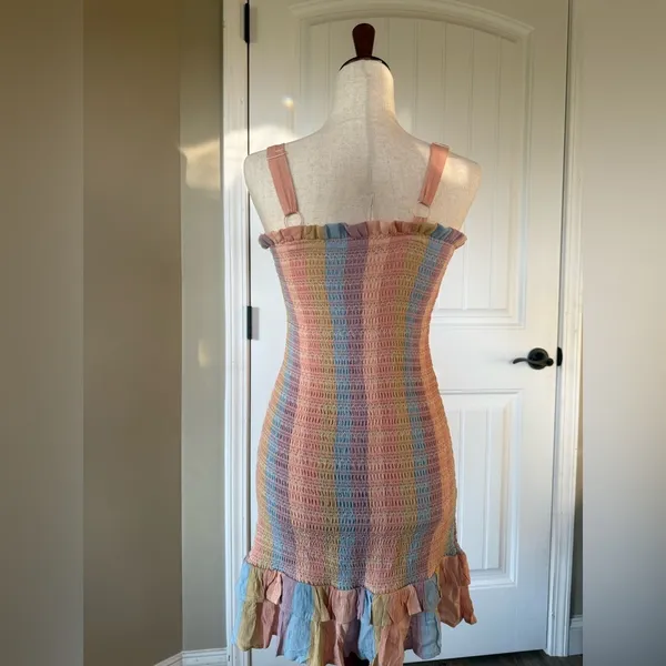 American‎ Eagle Rainbow Smocked Ruffle Mini Dress XS Pink - Image 2