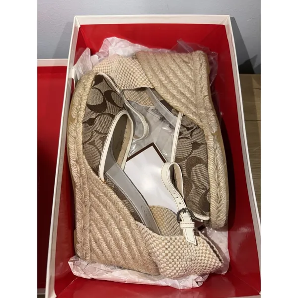 Coach Kimmy Wedge Sandals Khaki Gold Signature Size 8 Espadrille Straw Heels - Image 11