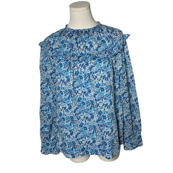 J Crew Liberty Blue Floral Cotton Smocked Ruffle Yoke Blouse M - Image 3