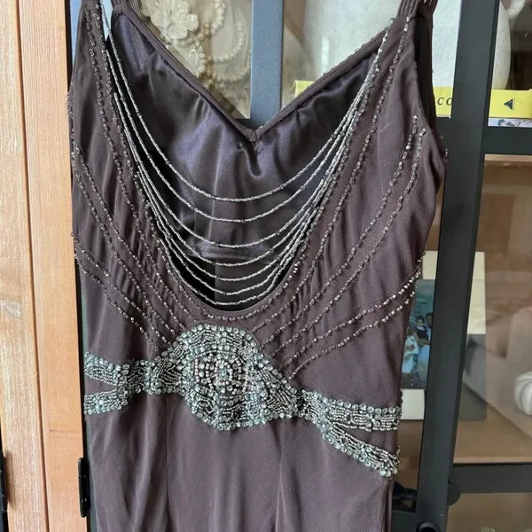 Vintage silk dress beaded Y2K embroidered 90s fairy nocturne chocolate - Image 7