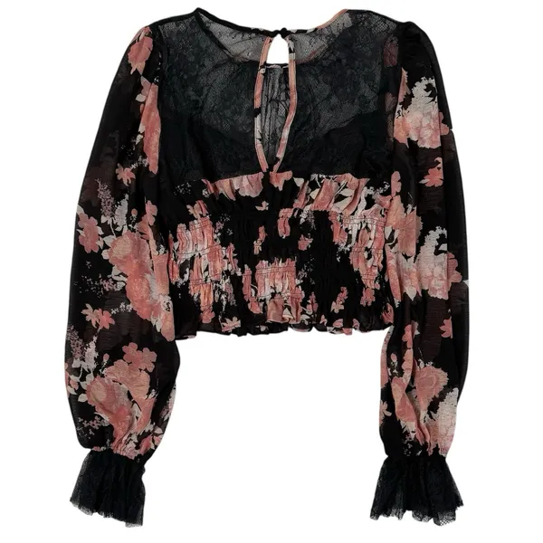 Free People Daphne Boho Blouse Top‎ Womens Size Small Black Midnight Combo Shirt - Image 2