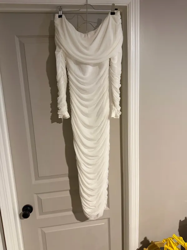 Amazon White Off The Shoulder Fitted Ruched Long Meshed Dress - Image 2