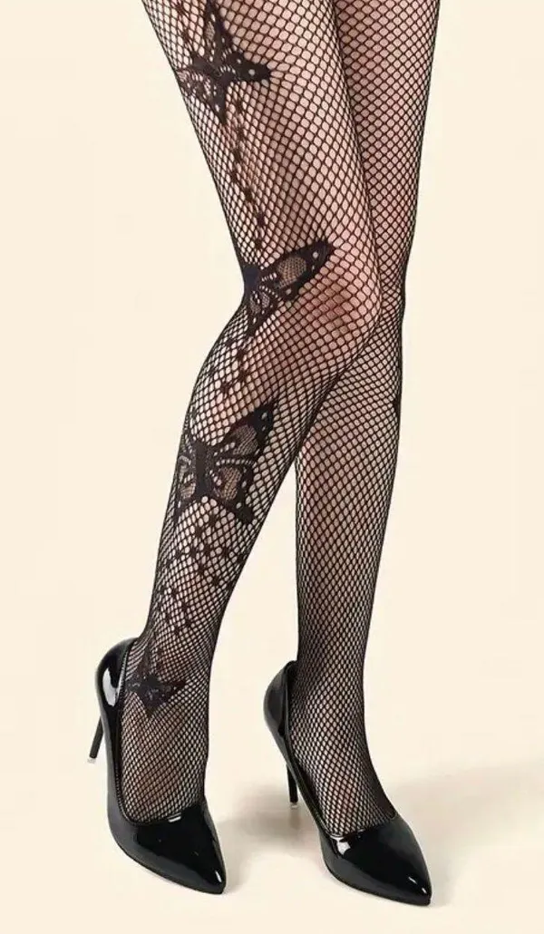 Butterfly Pattern Black Fishnet Tights, Hollow Out See-through Slim Fit Footed Pantyhose, Women's Stockings & Hosiery One Size 80% Polyamide 20% Spandex - Image 7