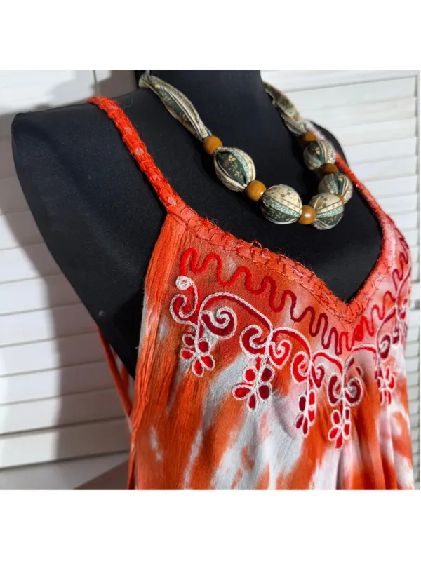 Vintage gauze cotton boho dress tie dye asymmetrical beach cover up fringes S M - Image 5
