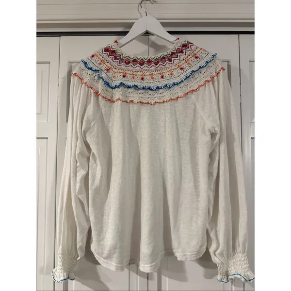 Free People White Siesta crochet embroidered colorful boho blouse small - Image 7